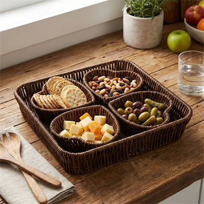 BUFFER® 5 Parça,4 Kalp Formlu Plastik Rattan Sunum ve Kahvaltı Seti-Bölmeli Çerezlik ve Meyvelik-Doğal Hasır Görünümlü Tepsi ve Sunum Tabakları