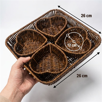 BUFFER® 5 Parça,4 Kalp Formlu Plastik Rattan Sunum ve Kahvaltı Seti-Bölmeli Çerezlik ve Meyvelik-Doğal Hasır Görünümlü Tepsi ve Sunum Tabakları