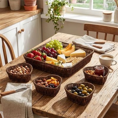BUFFER® 5 Parça,4 Kalp Formlu Plastik Rattan Sunum ve Kahvaltı Seti-Bölmeli Çerezlik ve Meyvelik-Doğal Hasır Görünümlü Tepsi ve Sunum Tabakları