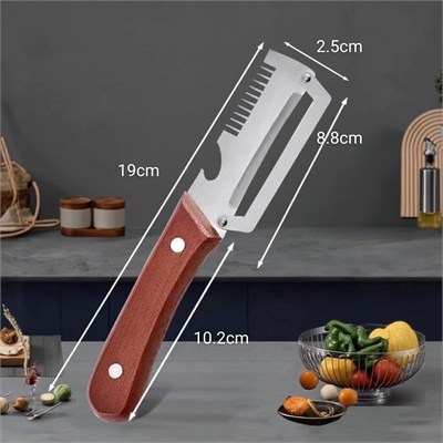 BUFFER® 5i 1 Arada Çok Fonksiyonlu Sebze ve Patates Soyucu, Paslanmaz Çelik Bıçaklı, Ahşap Görünümlü Saplı Mutfak Jülyen Soyacak, Şişe Açacağı