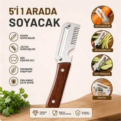BUFFER® 5i 1 Arada Çok Fonksiyonlu Sebze ve Patates Soyucu, Paslanmaz Çelik Bıçaklı, Ahşap Görünümlü Saplı Mutfak Jülyen Soyacak, Şişe Açacağı