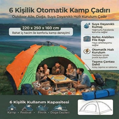 BUFFER® 6 Kişilik Otomatik Kurulum Kamp Çadırı – Outdoor Aile, Doğa, Suya Dayanıklı Hızlı Kurulum Çadır 220x250x160 cm
