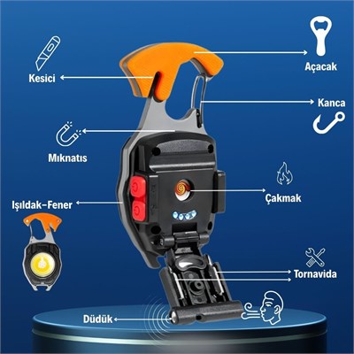 BUFFER® 7 Fonksiyonlu Şarjlı LED El Feneri, Mıknatıslı, Kancalı, Tornavidalı, Kesicili ve Açacaklı, Çakmaklı, Kamp ve Acil Durum Feneri