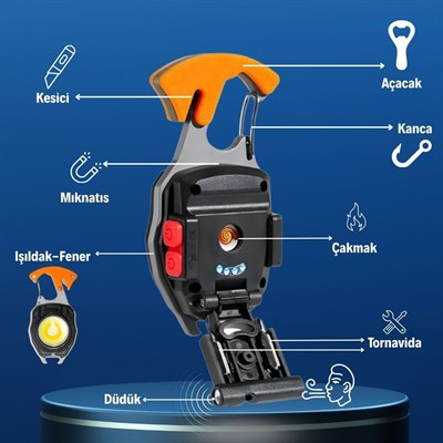 BUFFER® 7 Fonksiyonlu Şarjlı LED El Feneri Çakmaklı Mıknatıslı Kancalı Tornavidalı Kesicili Açacaklı Acil Durum Kamp Feneri