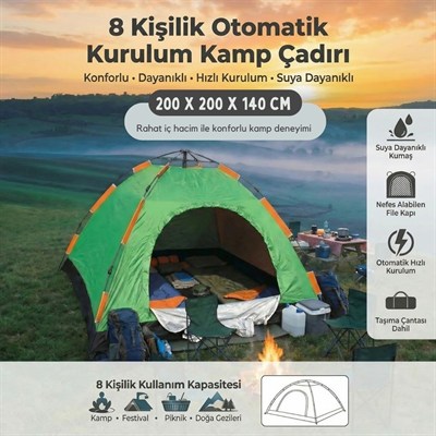 BUFFER® 8 Kişilik Otomatik Kurulum Kamp Çadırı – Outdoor , Suya Dayanıklı Hızlı Kurulum Piknik ve Doğa İçin Geniş Aile Çadırı 250x250x165 cm