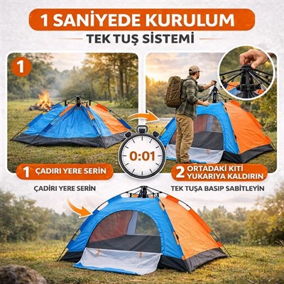 BUFFER® 8 Kişilik Otomatik Kurulum Kamp Çadırı – Outdoor , Suya Dayanıklı Hızlı Kurulum Piknik ve Doğa İçin Geniş Aile Çadırı 250x250x165 cm