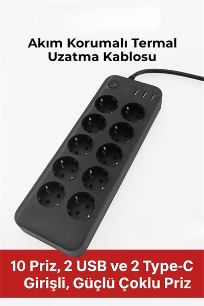 BUFFER® Akım Korumalı Termal Uzatma Kablosu – 10 Priz, 2 USB ve 2 Type-C Girişli, Güçlü Çoklu Priz