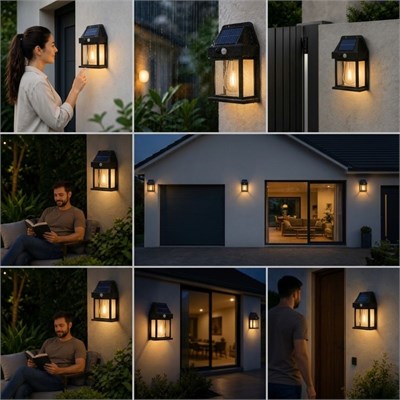 BUFFER® Ampul Model 3 Modlu Solar LED Duvar Lambası, Güneş Enerjili, Şarjlı Kablosuz Dış Mekân Apliği, Bahçe ve Kapı Lambası