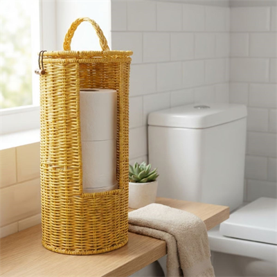 BUFFER® Askılı Plastik Rattan Tuvalet Kâğıdı Standı – Hasır Görünümlü, Kapaklı, Yedekli WC Kâğıtlık, Banyo ve Tuvalet İçin Dekoratif Organizer