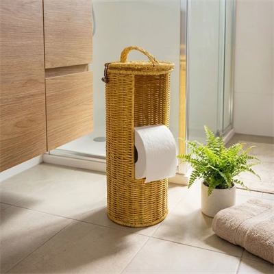BUFFER® Askılı Plastik Rattan Tuvalet Kâğıdı Standı – Hasır Görünümlü, Kapaklı, Yedekli WC Kâğıtlık, Banyo ve Tuvalet İçin Dekoratif Organizer
