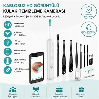 BUFFER® Beyaz Kablosuz HD Görüntülü Kulak Temizleme Kamerası, LED Işıklı Type-C Şarjlı iOS ve Android Uyumlu Kulak Temizleme Seti