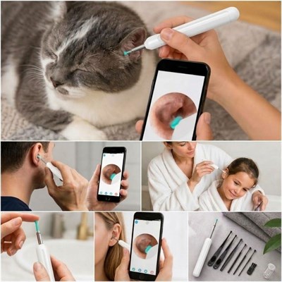 BUFFER® Beyaz Kablosuz HD Görüntülü Kulak Temizleme Kamerası, LED Işıklı Type-C Şarjlı iOS ve Android Uyumlu Kulak Temizleme Seti