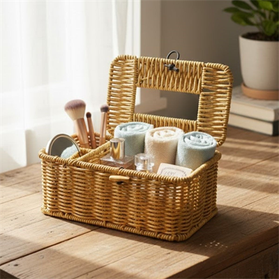 BUFFER® Bölmeli Kapaklı Doğal Rattan Görünümlü Hasır Makyaj, Takı ve Havlu Düzenleyici – Peçetelikli Çok Amaçlı Masaüstü Organizer Sepet