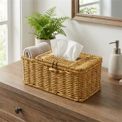 BUFFER® Bölmeli Kapaklı Doğal Rattan Görünümlü Hasır Makyaj, Takı ve Havlu Düzenleyici – Peçetelikli Çok Amaçlı Masaüstü Organizer Sepet