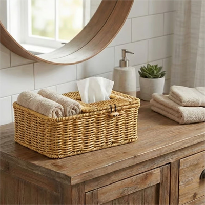 BUFFER® Bölmeli Kapaklı Doğal Rattan Görünümlü Hasır Makyaj, Takı ve Havlu Düzenleyici – Peçetelikli Çok Amaçlı Masaüstü Organizer Sepet