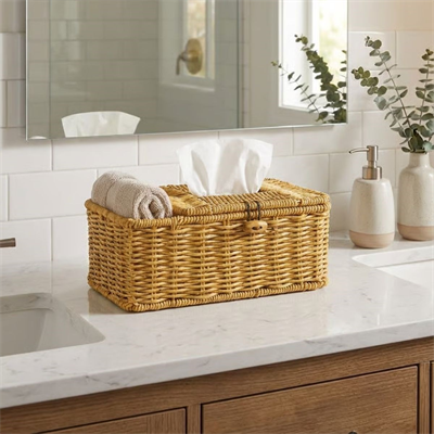 BUFFER® Bölmeli Kapaklı Doğal Rattan Görünümlü Hasır Makyaj, Takı ve Havlu Düzenleyici – Peçetelikli Çok Amaçlı Masaüstü Organizer Sepet