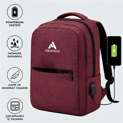 BUFFER® Bordo Laptop Sırt Çantası, Bilgisayar Korumalı İç Bölmeli Notebook Çantası, Organizer Cepli ve USB Şarj Portlu