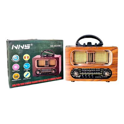 BUFFER® Büyük Boy Retro, Nostaljik, Ahşap Tasarım Bluetooth Hoparlörlü, Şarjlı, Taşınabilir FM/AM Destekli Radyo NS-6635