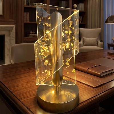 BUFFER® Çapraz Kavisli Kristal Altın Toz Model LED Masa Lambası – Gold Gövdeli, Dokunmatik, 3 Kademe Işık Ayarlı Şarjlı Dekoratif Lamba