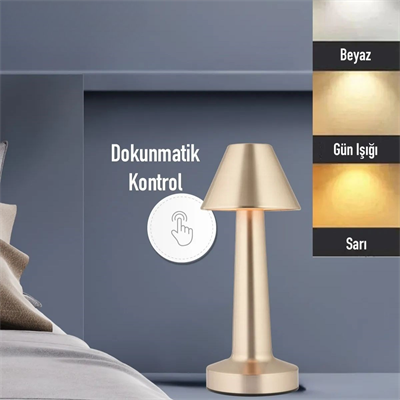 BUFFER® Çatı Model Gold Renk Şarjlı Dokunmatik 3 Renkli LED Masa Lambası