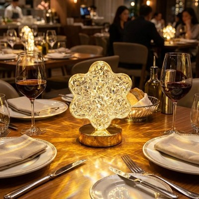 BUFFER® Çiçek Model Kristal LED Masa Lambası – Dokunmatik, 3 Renk Işık Modlu, Şarjlı Mini Dekoratif Gece Lambası