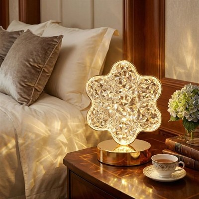 BUFFER® Çiçek Model Kristal LED Masa Lambası – Dokunmatik, 3 Renk Işık Modlu, Şarjlı Mini Dekoratif Gece Lambası