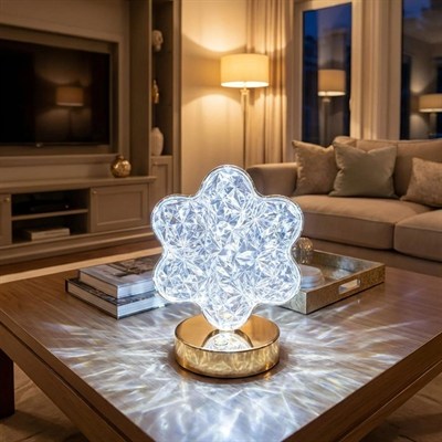 BUFFER® Çiçek Model Kristal LED Masa Lambası – Dokunmatik, 3 Renk Işık Modlu, Şarjlı Mini Dekoratif Gece Lambası