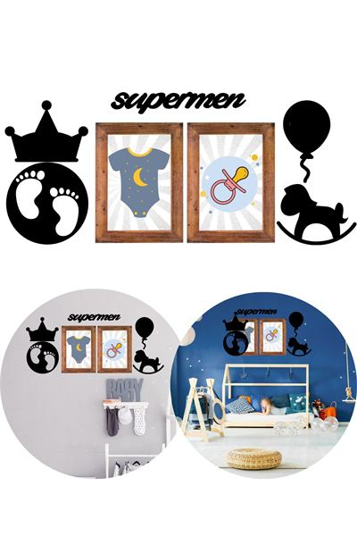 BUFFER® DECO103 Supermen Dekoratif Duvar Süsü Tablo Aksesuar Ahşap Tasarım Hediye Pano Sticker Seti