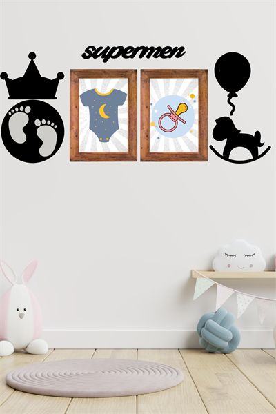 BUFFER® DECO103 Supermen Dekoratif Duvar Süsü Tablo Aksesuar Ahşap Tasarım Hediye Pano Sticker Seti