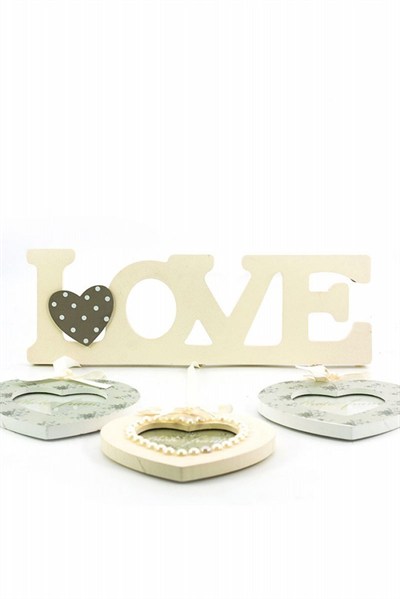 BUFFER® Decotown Love Yazılı Çerçeve 3lü Kalpli Ahşap Fotoğraf Çerçevesi