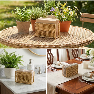 BUFFER® Dekoratif Plastik Rattan Dikdörtgen Peçetelik–Doğal Hasır Dokulu Masaüstü Peçete Standı