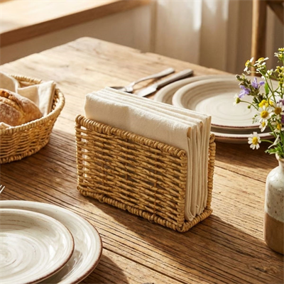 BUFFER® Dekoratif Plastik Rattan Dikdörtgen Peçetelik–Doğal Hasır Dokulu Masaüstü Peçete Standı
