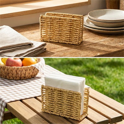 BUFFER® Dekoratif Plastik Rattan Dikdörtgen Peçetelik–Doğal Hasır Dokulu Masaüstü Peçete Standı