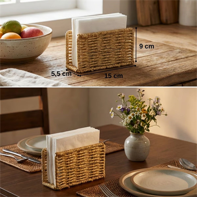 BUFFER® Dekoratif Plastik Rattan Dikdörtgen Peçetelik–Doğal Hasır Dokulu Masaüstü Peçete Standı