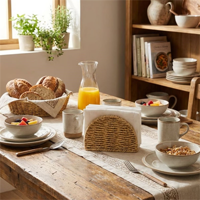 BUFFER® Dekoratif Plastik Rattan Yarım Yuvarlak Peçetelik–Doğal Hasır Dokulu Masaüstü Peçete Standı