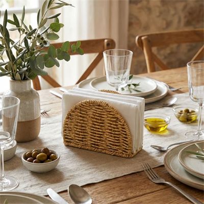 BUFFER® Dekoratif Plastik Rattan Yarım Yuvarlak Peçetelik–Doğal Hasır Dokulu Masaüstü Peçete Standı