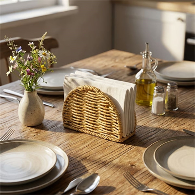 BUFFER® Dekoratif Plastik Rattan Yarım Yuvarlak Peçetelik–Doğal Hasır Dokulu Masaüstü Peçete Standı