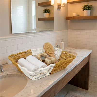 BUFFER® Dikdörtgen Çift Renkli Plastik Rattan Ekmek ve Meyve Sepeti - Çok Amaçlı Banyo ve Mutfak Düzenleyici - Yıkanabilir Tezgâh Üstü Organizer