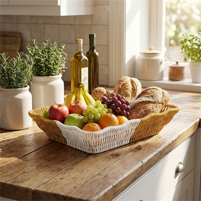 BUFFER® Dikdörtgen Çift Renkli Plastik Rattan Ekmek ve Meyve Sepeti - Çok Amaçlı Banyo ve Mutfak Düzenleyici - Yıkanabilir Tezgâh Üstü Organizer