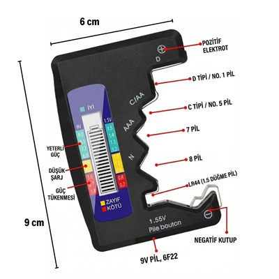 BUFFER® Evrensel Dijital Pil Test Cihazı – AA, AAA, C, D, N, 9V ve Düğme Pil Uyumlu Mini Pil Kapasite & Seviye Ölçer
