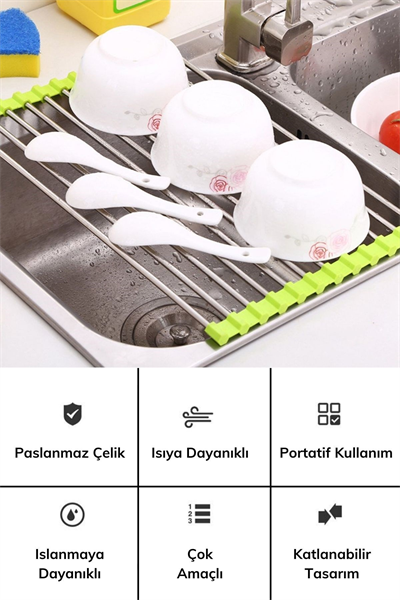 BUFFER® Evye Üstü Katlanır Nihale Paslanmaz Çelik Pratik Sebze Meyve Bulaşık Kurutma Süzgeci