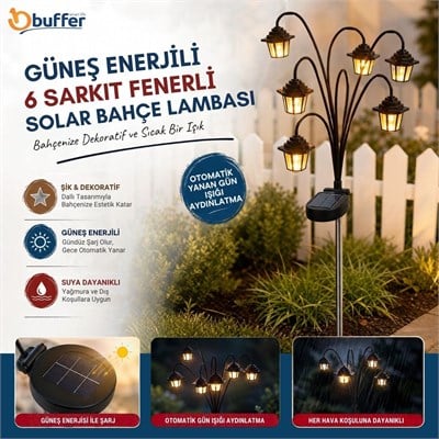 TrdStore® Güneş Enerjili 6 Sarkıt Fenerli Solar Bahçe Lambası, Otomatik Yanan Gün Işığı Aydınlatmalı, Dallı Tasarımlı Dekoratif Dış Mekan Feneri