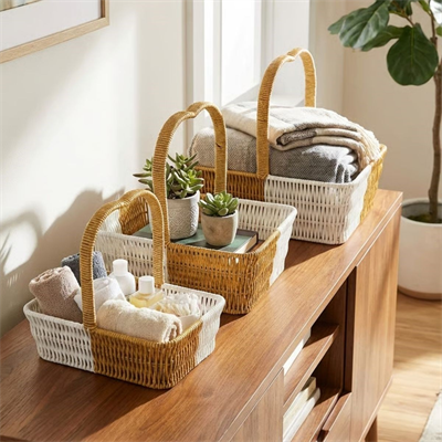 BUFFER® İç İçe Geçebilen 3’lü Çift Renkli Dikdörtgen Formlu Kalp Saplı Plastik Rattan Sepet Seti – Hasır Görünümlü Çok Amaçlı Organizerler