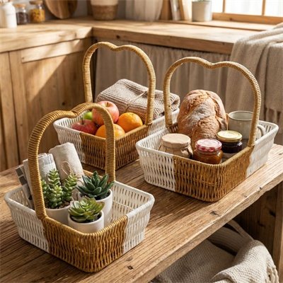 BUFFER® İç İçe Geçebilen 3’lü Çift Renkli Dikdörtgen Formlu Kalp Saplı Plastik Rattan Sepet Seti – Hasır Görünümlü Çok Amaçlı Organizerler
