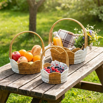 BUFFER® İç İçe Geçebilen 3’lü Çift Renkli Yuvarlak Dalgalı Formlu Saplı Plastik Rattan Sepet Seti – Hasır Görünümlü Çok Amaçlı Organizerler