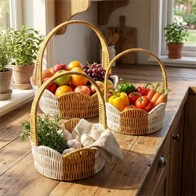 BUFFER® İç İçe Geçebilen 3’lü Çift Renkli Yuvarlak Dalgalı Formlu Saplı Plastik Rattan Sepet Seti – Hasır Görünümlü Çok Amaçlı Organizerler