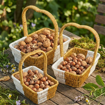 BUFFER® İç İçe Geçebilen 3’lü Çift Renkli Dikdörtgen Formlu Kalp Saplı Plastik Rattan Sepet Seti – Hasır Görünümlü Çok Amaçlı Organizerler