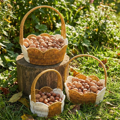 BUFFER® İç İçe Geçebilen 3’lü Çift Renkli Yuvarlak Dalgalı Formlu Saplı Plastik Rattan Sepet Seti – Hasır Görünümlü Çok Amaçlı Organizerler