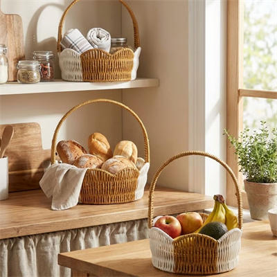 BUFFER® İç İçe Geçebilen 3’lü Çift Renkli Yuvarlak Dalgalı Formlu Saplı Plastik Rattan Sepet Seti – Hasır Görünümlü Çok Amaçlı Organizerler