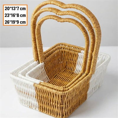 BUFFER® İç İçe Geçebilen 3’lü Çift Renkli Dikdörtgen Formlu Kalp Saplı Plastik Rattan Sepet Seti – Hasır Görünümlü Çok Amaçlı Organizerler